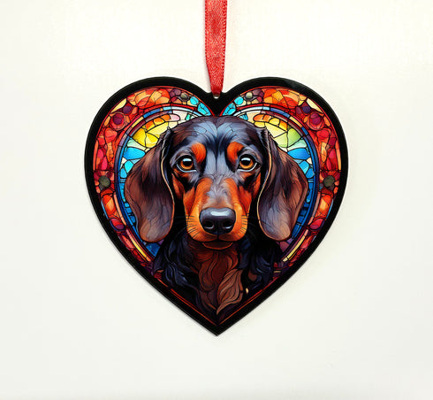 Dachshund Black Stained Glass Effect Heart Suncatcher
